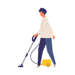 Vector illustration of people vacuuming the room. People doing housework.