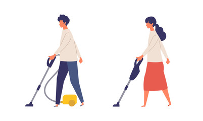 Vector illustration of people vacuuming the room. People doing housework.