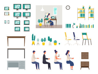 Set of vector interiors for home office. Isolated modern flat vector illustrations of various interiors for teleconference.