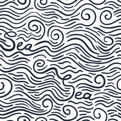 Seamless pattern with black waves and inscription sea. Design for backdrops with sea, rivers or water texture. Repeating texture. Print for the cover of the book, postcards, t-shirts. Surface design.
