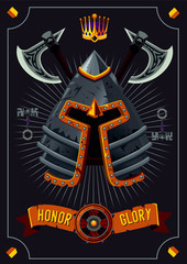 Antique poster with knight helmet. Vector cartoon illustration. Fantasy rpg game background.