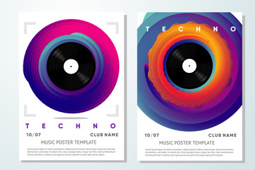 Event poster for music festival. Vinyl record with twisted color gradient. Night club flyer template. Vector background.