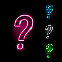 Neon question mark icon in four different colours isolated on black background.  Quiz, interrogation, faq, problem concept. Night signboard style. Vector 10 EPS illustration.