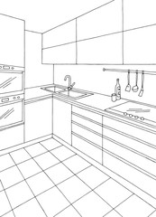 Kitchen room graphic black white vertical home interior sketch illustration vector