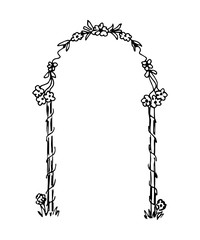 Hand-drawn vector ink drawing. Romantic festive, wedding flower arch in black outline on a white background.