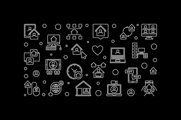 Remote Work outline vector concept horizontal illustration or banner on dark background