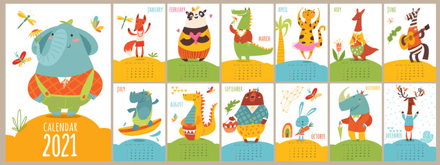Cartoon vector 2021 calendar with funny wild animals