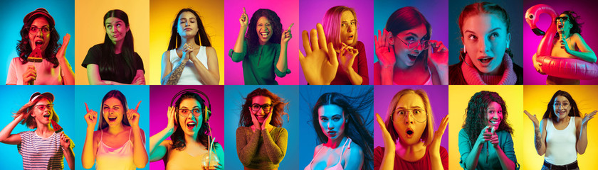 Collage of portraits of 9 young emotional people on multicolored background in neon light. Concept...