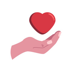 Hand and red heart flat icon, vector sign, colorful pictogram isolated on white. Charity, donation symbol, logo illustration. Flat style design