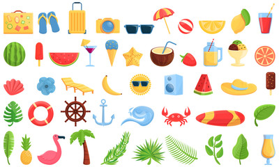 Summer party icons set. Cartoon set of summer party vector icons for web design