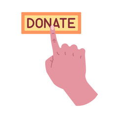 Finger pressing Donate button flat icon, vector sign, hand push on donate colorful pictogram isolated on white. Charity symbol, logo illustration. Flat style design