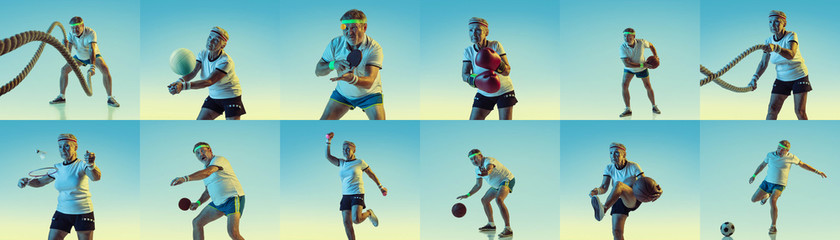 Collage of portraits of 2 senior man and woman on blue background in neon light. Concept of human emotions, facial expression, sales. Sportive, active, training with ropes and playing basketball.