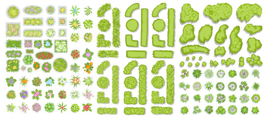 Green fence, trees, bushes, flowers and flower beds. (Top view) Different plants and trees vector set for architectural or landscape design. (View from above) Nature green spaces. © Алексей Шпадарук