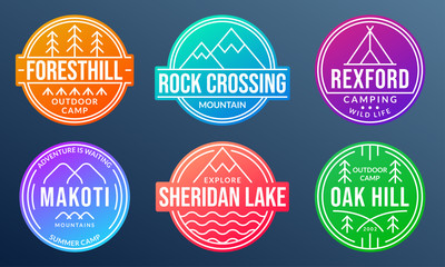 Camp badge set. Camping emblems with forest, mountain, lake or river and tourist tent. Colorful Outdoor adventure logos. Trekking or hiking and climbing design elements. Vector illustration.