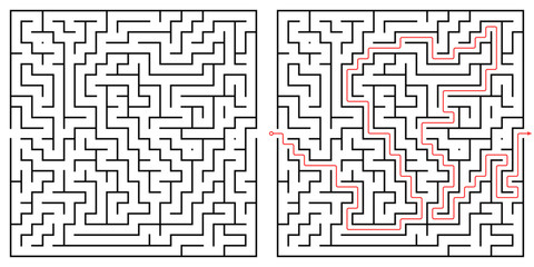 Labyrinth maze design. Find the way puzzle game with entrance and exit. Vector illustration.