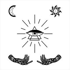 Vector illustration of hand with tattoos, alchemy symbol with a triangle and an eye with rays. abstract graphics with occult and mystical signs. Hand-drawn style. spiritual intention. concept of magic