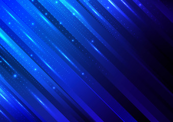 Abstract technology digital futuristic different neon glowing dots particles with lighting on blue stripes background