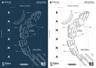 Banana in a technical style. Design and development, testing, SEO, social marketing, web technology. Concept of Hud poster with UI UX elements.