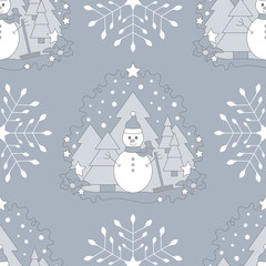 Seamless pattern christmas theme. Snowman, fir forest, falling snow, star and snowflake. Vector illustration.