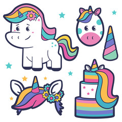 Unicorn vector cartoon set isolated on a white background.