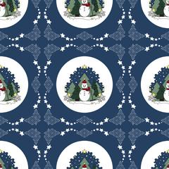 Seamless pattern christmas theme. Snowman and fir forest, falling snow. Vector illustration.