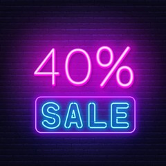 40 percent sale neon sign. Discount. Vector illustration