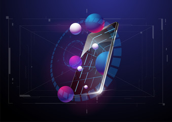 Device UI/UX mockup for presentation template. Modern Smartphone poster with futuristic HUD elements. Design and development, AR, VR, social marketing, web technology.