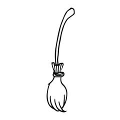 Single hand drawn broom, witch broom, mop, broomstick isolated on white. Element design for card, poster, halloween, print, coloring book
