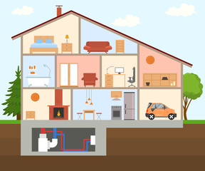 Cartoon Color House Section Building Concept. Vector