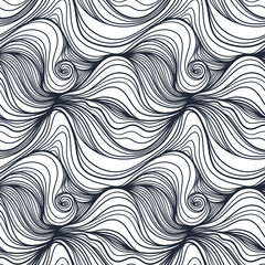 Seamless pattern with black linear waves. Design for backdrops and colouring book with sea, rivers or water texture. Repeating texture. Figure for textiles. Print for the cover of the book, postcards.