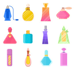 Cartoon Color Perfume Bottles Icons Set. Vector