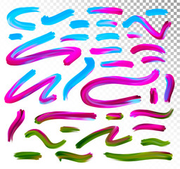 Set of colorful gradient paint brush strokes isolated on white background, watercolor smear, decorative elements collection