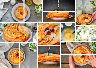 Various thin pancakes. Pancakes. Collage. Delicious food