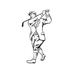 Vintage Golfer with Golf Club Golfing or Teeing Off Retro Stencil Black and White