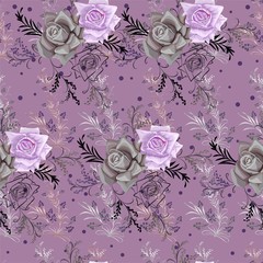 Graphic flower line art and little purple flower seamless pattern-vector