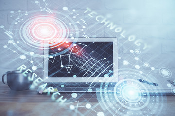 Obraz premium Double exposure of computer and technology theme hud. Concept of innovation.