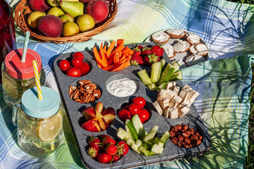 Fototapeta na wymiar Summertime healthy picnic with fresh vegetables, nuts and fruits served in the muffin pan; refreshing drink in mason jar and some snak on blue cloth in the garden.