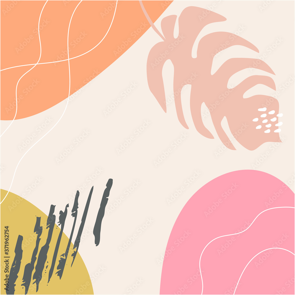 Poster abstract tropical background vector with palm leaf and shapes, lines and doodles in pastel colors
