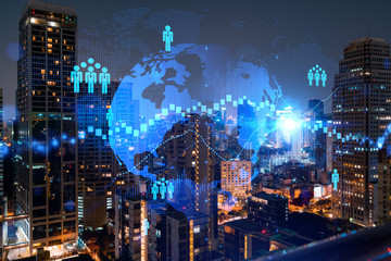 Naklejka premium Glowing Social media icons on night panoramic city view of Bangkok, Asia. The concept of networking and establishing new connections between people and businesses. Double exposure.