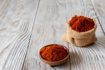 Berbere is the main part in the cuisines of Ethiopia and Eritrea. A mixture of spices, usually including red pepper, ginger, cloves, coriander, allspice. Wooden background.