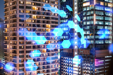 Abstract technology icons, night aerial panoramic cityscape of Bangkok, Asia. The concept of innovative approach to optimize international business process. Double exposure.