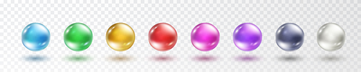 Glass ball set isolated on transparent background. Realistic gold and colorful orbs, oil collagen, 3d gel spheres. Vector water bubbles or round pills with shadows