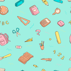 Vector seamless cartoon doodle pattern school and school supplies, stationery, books, backpacks, school bus. Bright colours.