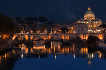 Basilica di San Pietro and Ponte Sant'Angelo, Rome at night 