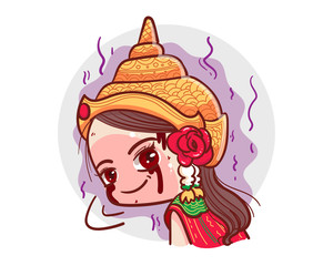 Traditional Thai dress ghost looking and smile isolated on white background with scary halloween concept.