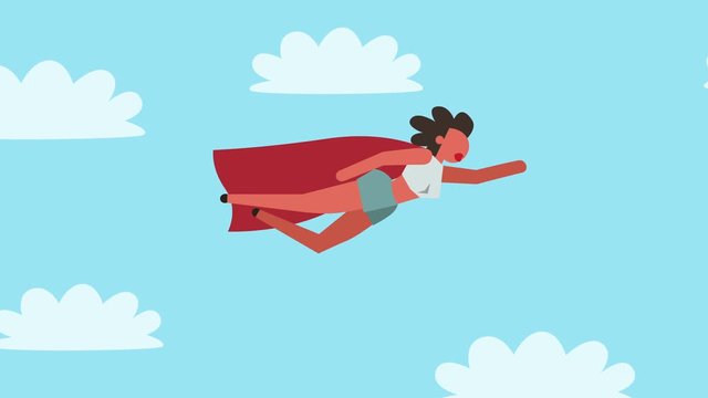 Stick Figure Color Pictogram Woman Girl Character Superhero Fly with Laptop Cartoon Animation. Luma Matte