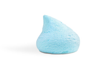 Single fresh meringue of gentle light blue color on a white background. Sweet fluffy candies made with eggs and sugar, homemade delicious creamy treat, baking decor, isolated.