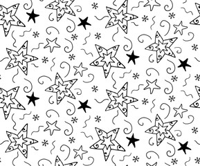 Stars, snowflake hand drawn coloring book seamless rare pattern. Black ornamental Christmas items on white background. Uneven lines