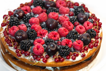delicious cake with fresh berries on a white background close up