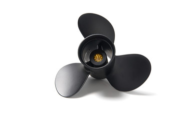 New black screw from a motor boat. three-bladed propeller. Isolated over white background.